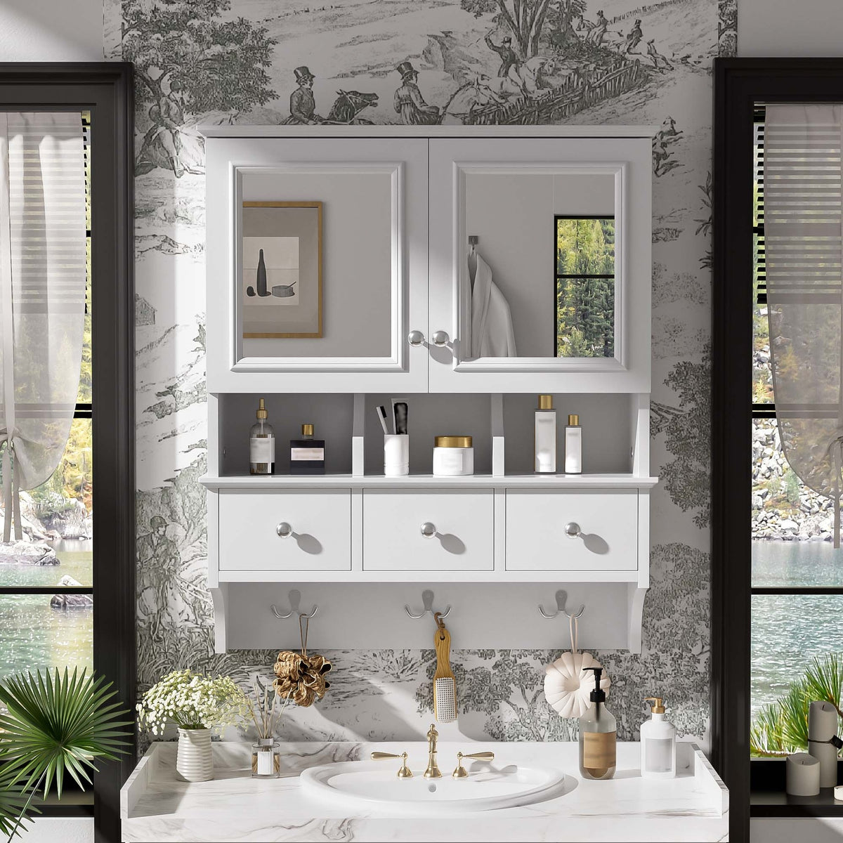 4-in-1 Bathroom Mirror Cabinet, 24-inch Wall Mounted Medicine Cabinet with Drawers & Organizer Hooks, High-Define Mirrors with Storage for Bathroom Vanity