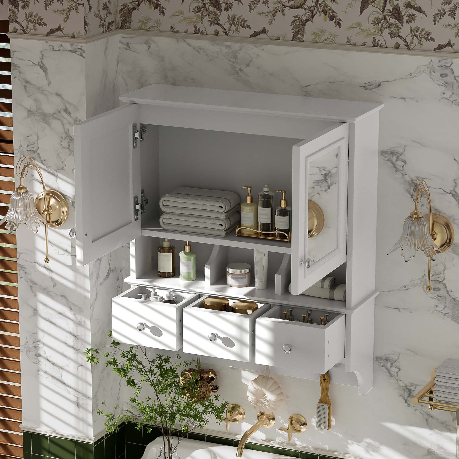 4-in-1 Bathroom Mirror Cabinet, 24-inch Wall Mounted Medicine Cabinet with Drawers & Organizer Hooks, High-Define Mirrors with Storage for Bathroom Vanity