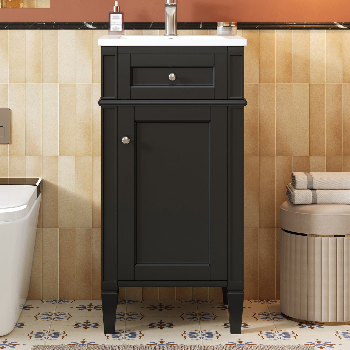 16-inch Bathroom Vanity with Ceramic Sink, Freestanding Single Vanity Set with Soft Closing Door, Adjustable Shelf, French Style, Solid Feet, Black