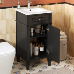 16-inch Bathroom Vanity with Ceramic Sink, Freestanding Single Vanity Set with Soft Closing Door, Adjustable Shelf, French Style, Solid Feet, Black
