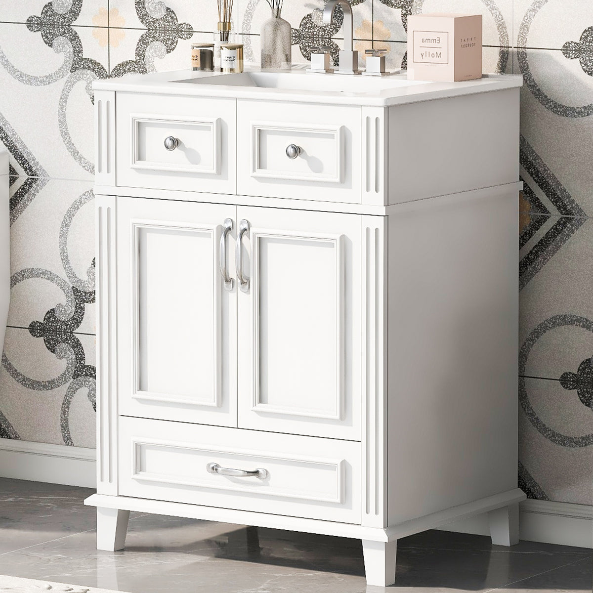 24'' Bathroom Vanity with Ceramic Sink,Solid Wood Frame Bathroom Storage Cabinet with Soft Closing Doors,Retro Style, White