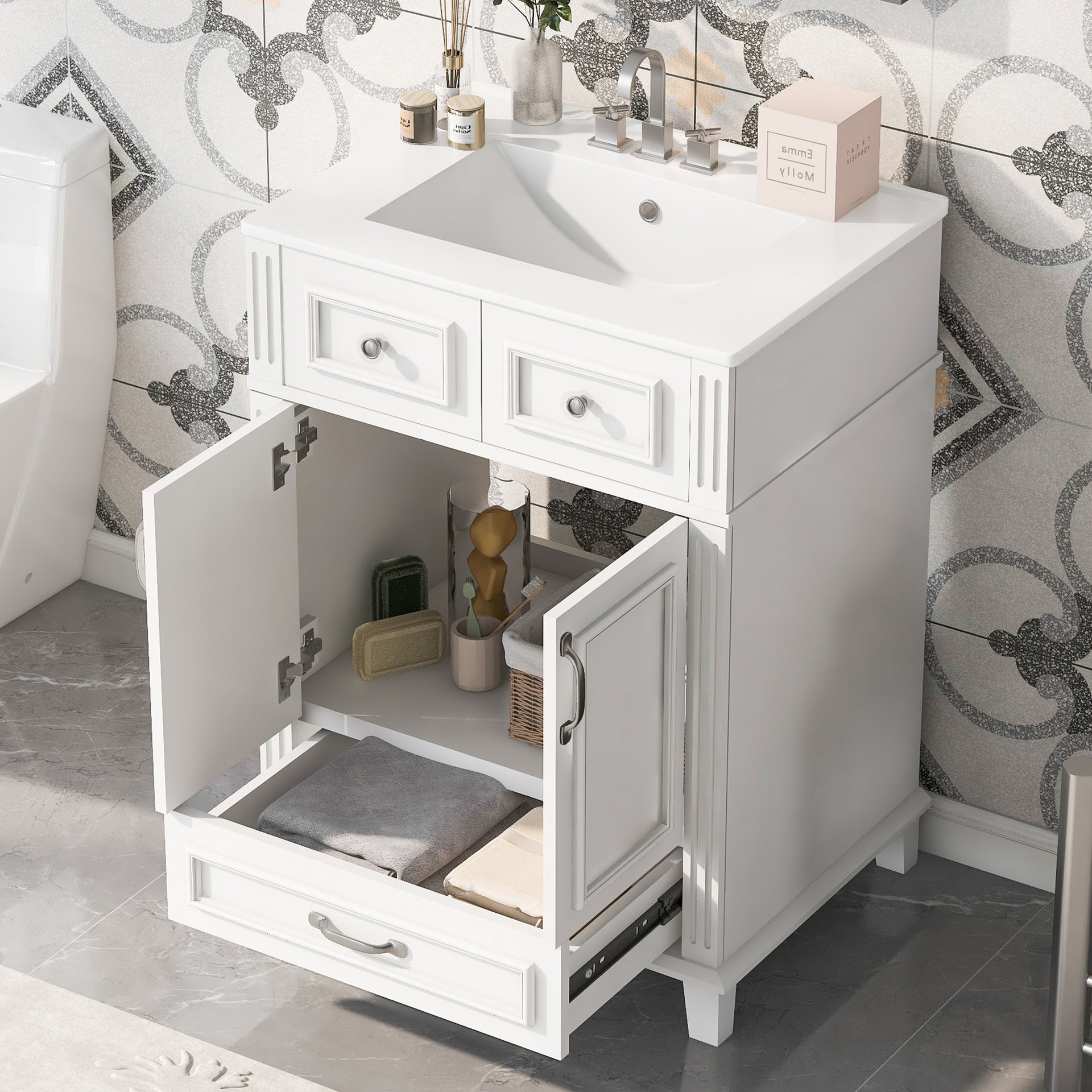 24'' Bathroom Vanity with Ceramic Sink,Solid Wood Frame Bathroom Storage Cabinet with Soft Closing Doors,Retro Style, White