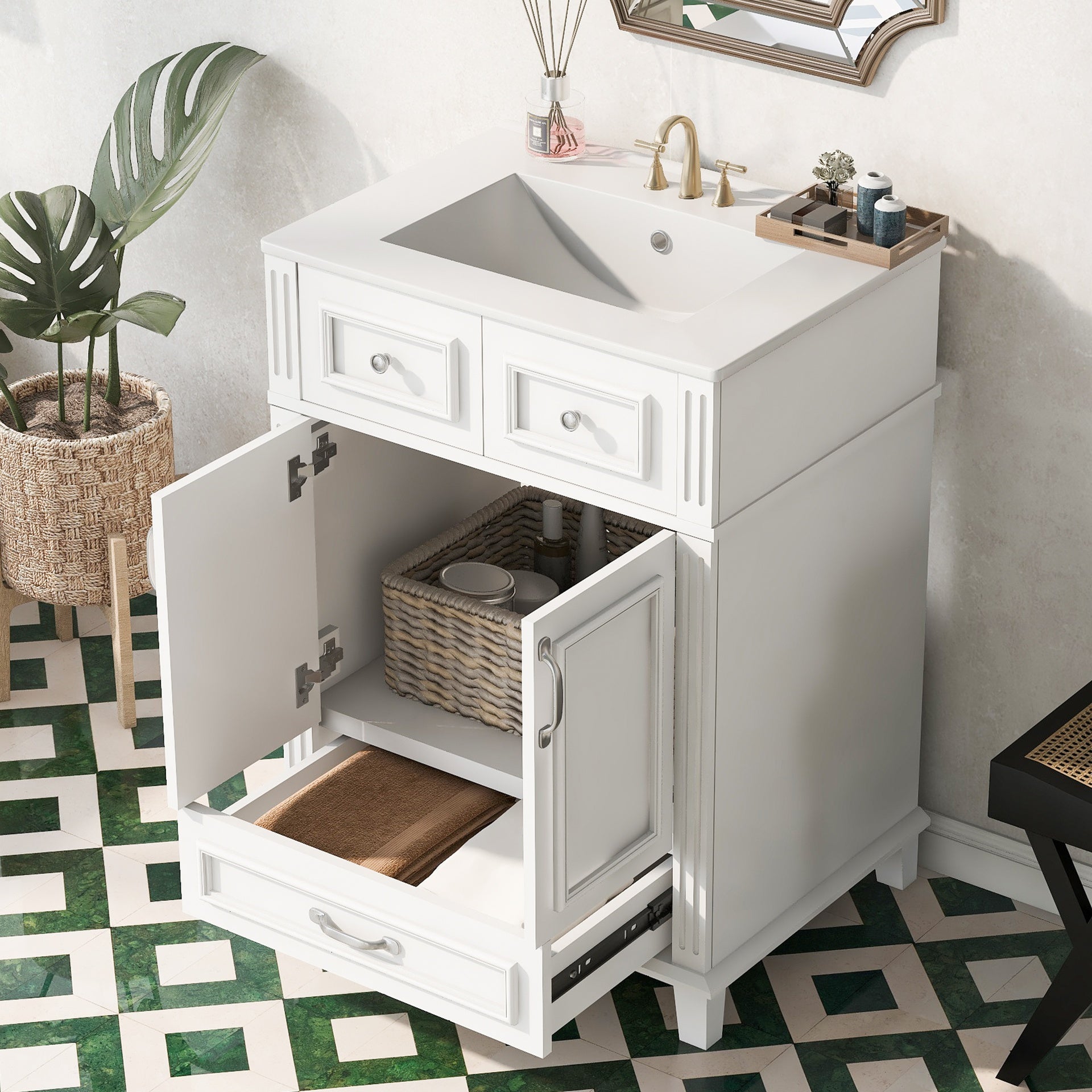 24'' Bathroom Vanity with Ceramic Sink,Solid Wood Frame Bathroom Storage Cabinet with Soft Closing Doors,Retro Style, White