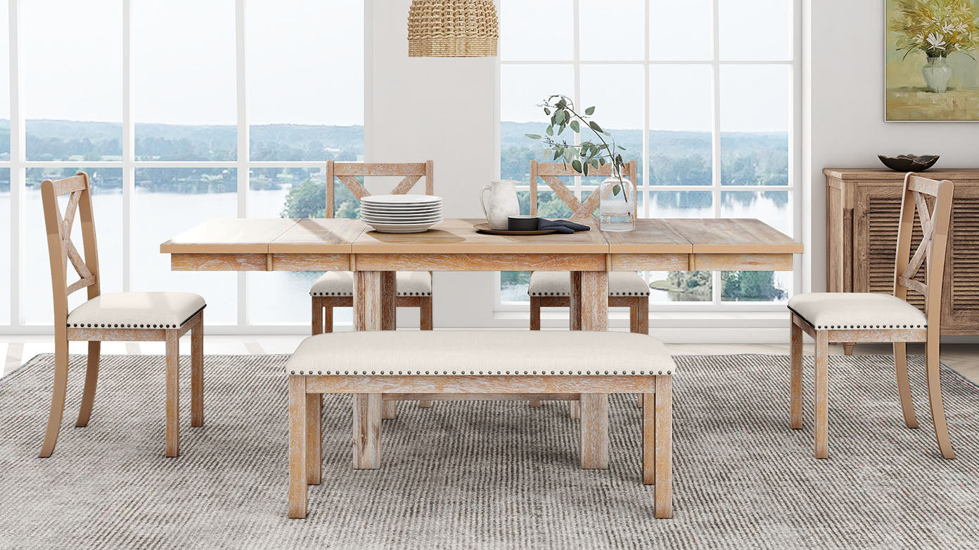 TOPMAX Farmhouse 82inch 6-Piece Extendable Dining Table with Footrest, 4 Upholstered Dining Chairs and Dining Bench, Two 11"Removable Leaf, Natural+Beige Cushion (old sku: SP000023AAN)