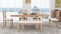 TOPMAX Farmhouse 82inch 6-Piece Extendable Dining Table with Footrest, 4 Upholstered Dining Chairs and Dining Bench, Two 11"Removable Leaf, Natural+Beige Cushion (old sku: SP000023AAN)