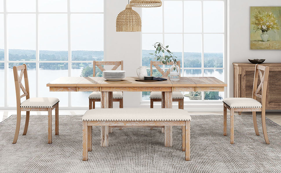 TOPMAX Farmhouse 82inch 6-Piece Extendable Dining Table with Footrest, 4 Upholstered Dining Chairs and Dining Bench, Two 11"Removable Leaf, Natural+Beige Cushion (old sku: SP000023AAN)