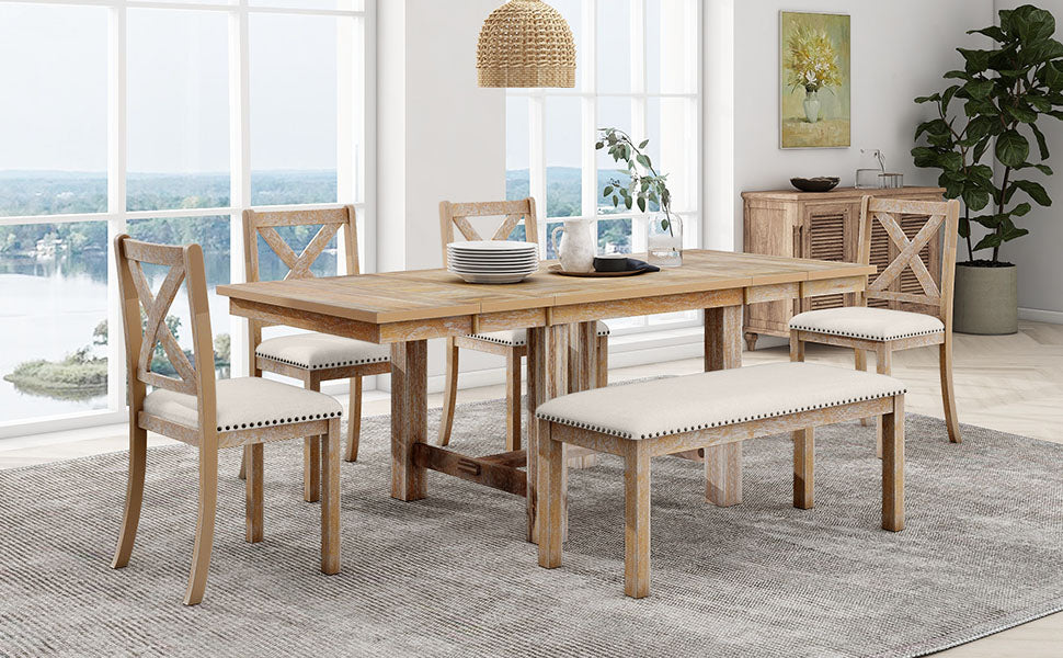 TOPMAX Farmhouse 82inch 6-Piece Extendable Dining Table with Footrest, 4 Upholstered Dining Chairs and Dining Bench, Two 11"Removable Leaf, Natural+Beige Cushion (old sku: SP000023AAN)