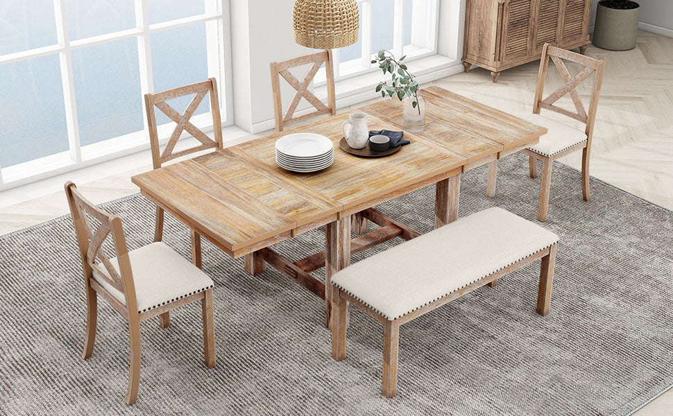 TOPMAX Farmhouse 82inch 6-Piece Extendable Dining Table with Footrest, 4 Upholstered Dining Chairs and Dining Bench, Two 11"Removable Leaf, Natural+Beige Cushion (old sku: SP000023AAN)