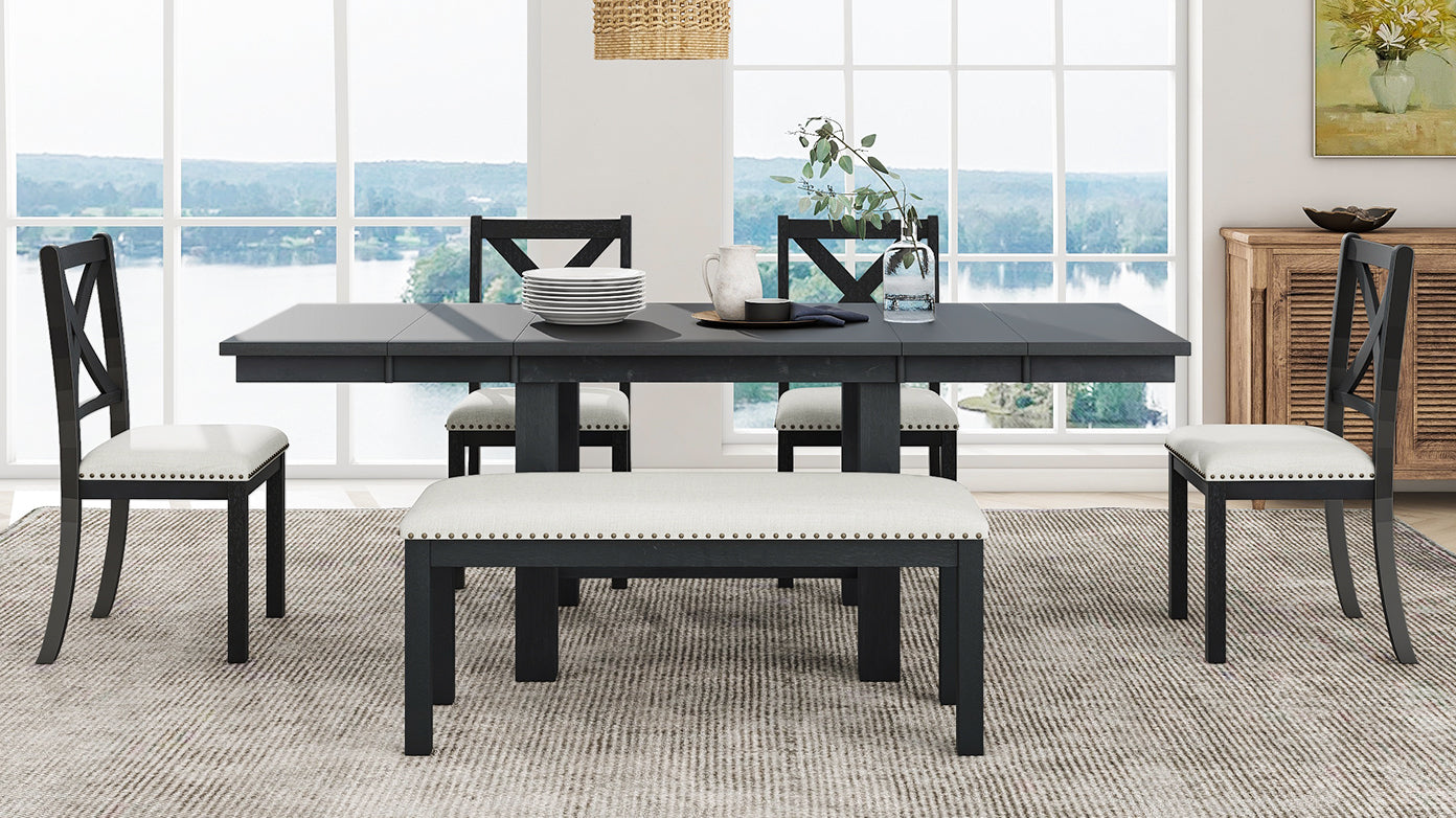 TOPMAX Farmhouse 82inch 6-Piece Extendable Dining Table with Footrest, 4 Upholstered Dining Chairs and Dining Bench, Two 11"Removable Leaf, Black+Beige Cushion (old sku: SP000023AAB)