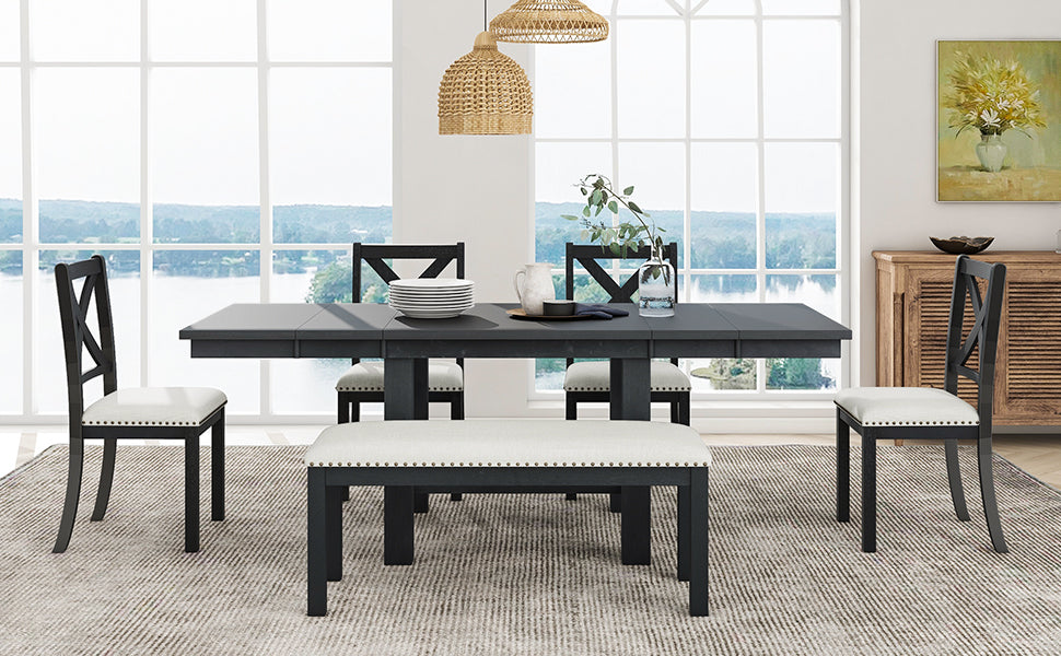 TOPMAX Farmhouse 82inch 6-Piece Extendable Dining Table with Footrest, 4 Upholstered Dining Chairs and Dining Bench, Two 11"Removable Leaf, Black+Beige Cushion (old sku: SP000023AAB)