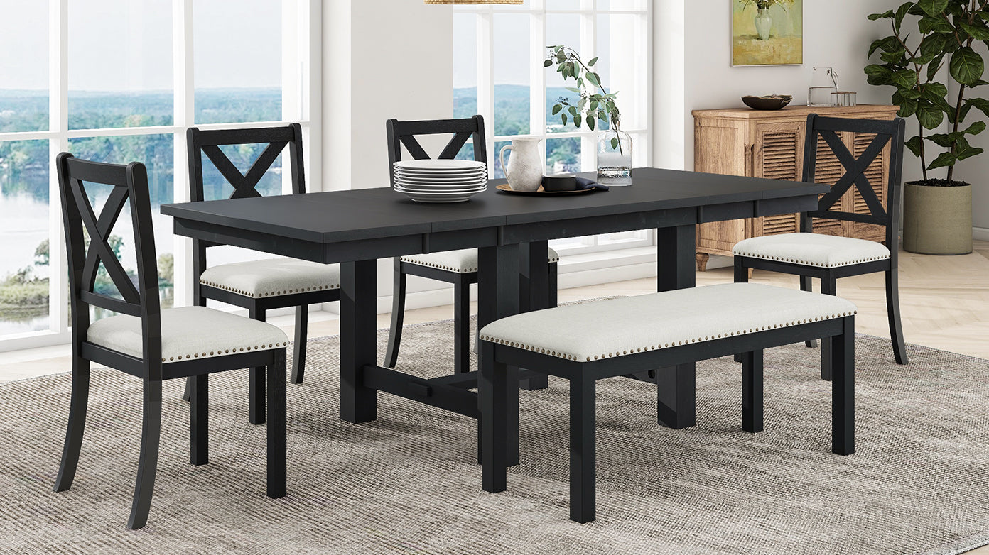 TOPMAX Farmhouse 82inch 6-Piece Extendable Dining Table with Footrest, 4 Upholstered Dining Chairs and Dining Bench, Two 11"Removable Leaf, Black+Beige Cushion (old sku: SP000023AAB)