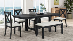TOPMAX Farmhouse 82inch 6-Piece Extendable Dining Table with Footrest, 4 Upholstered Dining Chairs and Dining Bench, Two 11"Removable Leaf, Black+Beige Cushion (old sku: SP000023AAB)