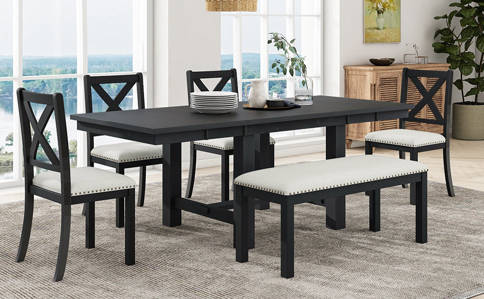 TOPMAX Farmhouse 82inch 6-Piece Extendable Dining Table with Footrest, 4 Upholstered Dining Chairs and Dining Bench, Two 11"Removable Leaf, Black+Beige Cushion (old sku: SP000023AAB)