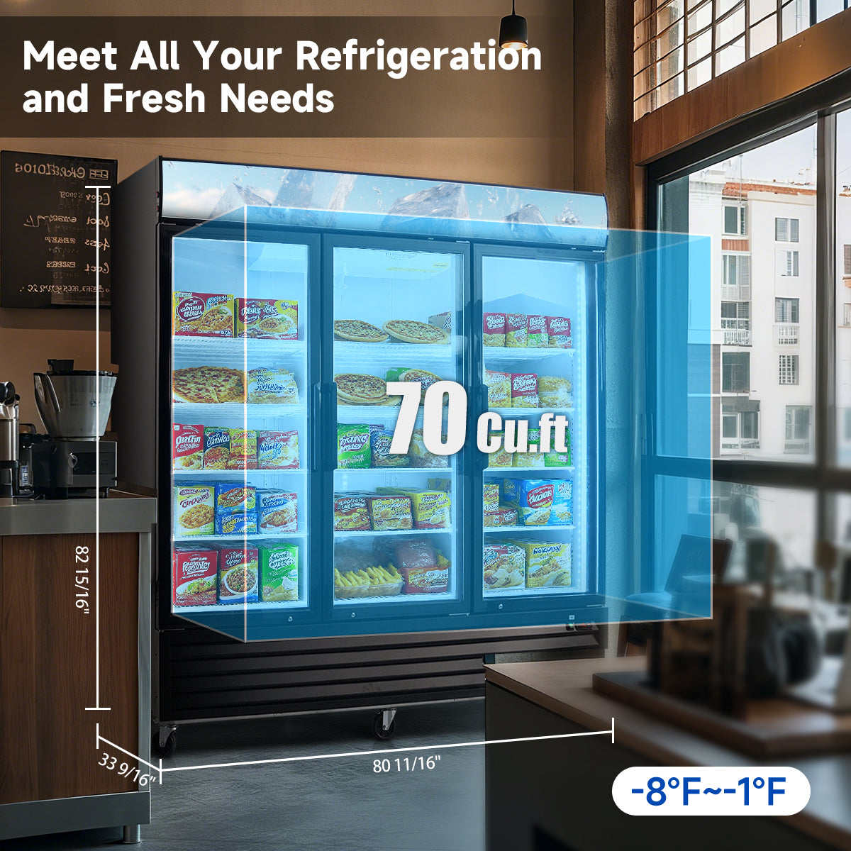 Glass Door Merchandiser Freezer 70 Cu.ft Swing Door Commercial Reach-In Display Freezers with LED Top Panel Upright Freeze Storage