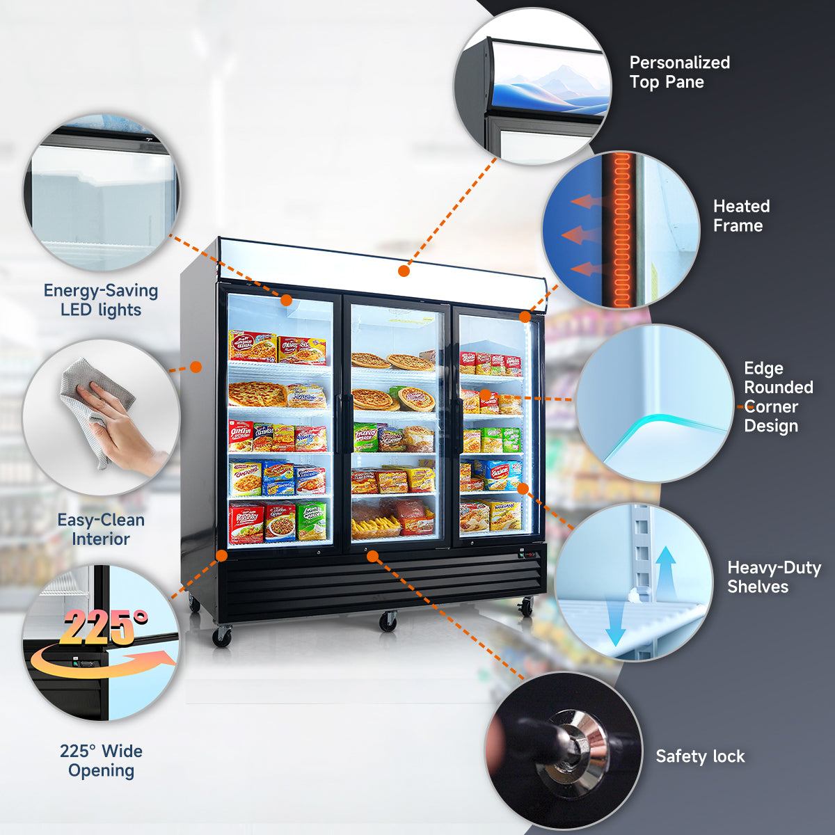 Glass Door Merchandiser Freezer 70 Cu.ft Swing Door Commercial Reach-In Display Freezers with LED Top Panel Upright Freeze Storage