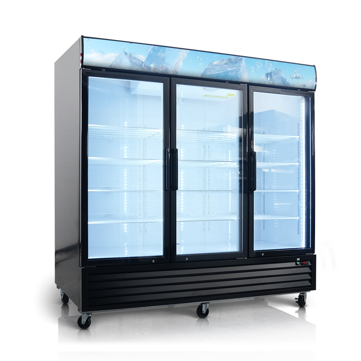 Glass Door Merchandiser Freezer 70 Cu.ft Swing Door Commercial Reach-In Display Freezers with LED Top Panel Upright Freeze Storage