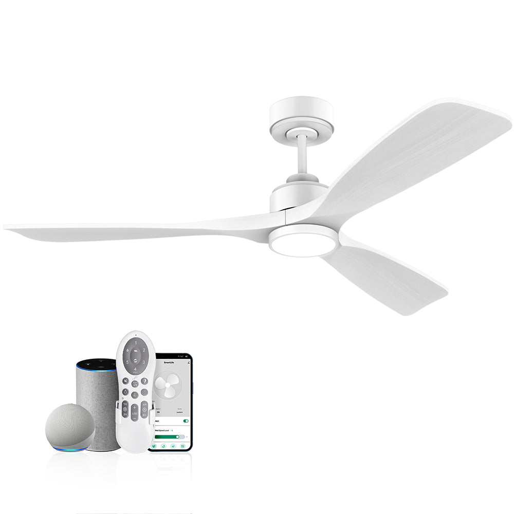 52 in. Wood Smart Outdoor/Indoor White Ceiling Fans with Lights Remote, Voice Control via WIFI Alexa App
