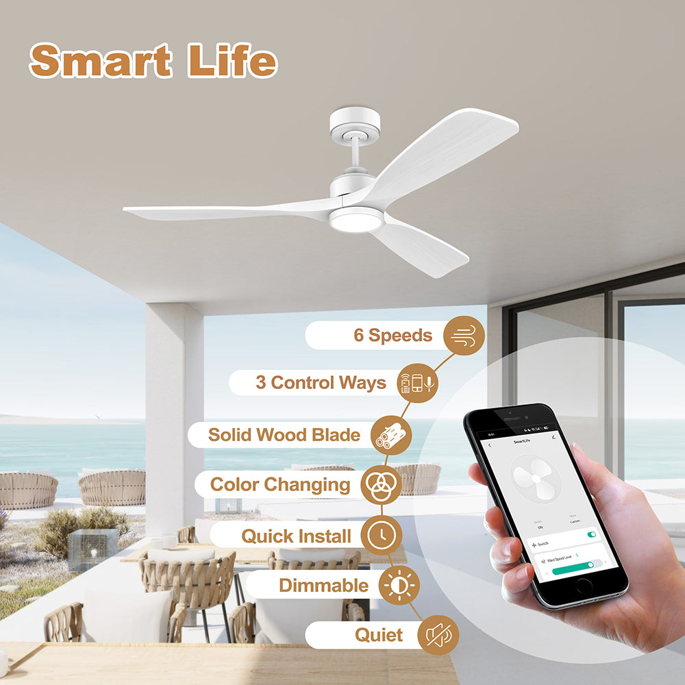 52 in. Wood Smart Outdoor/Indoor White Ceiling Fans with Lights Remote, Voice Control via WIFI Alexa App