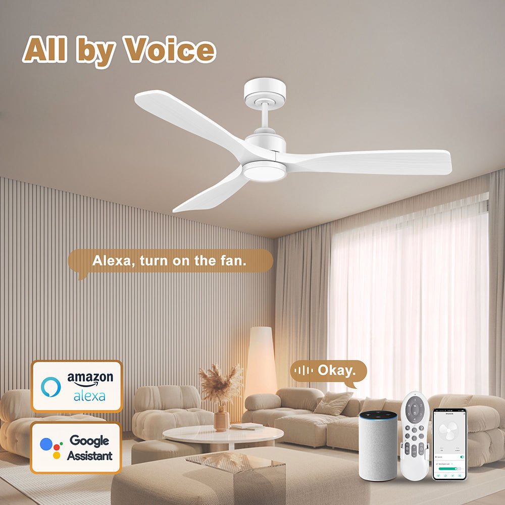 52 in. Wood Smart Outdoor/Indoor White Ceiling Fans with Lights Remote, Voice Control via WIFI Alexa App