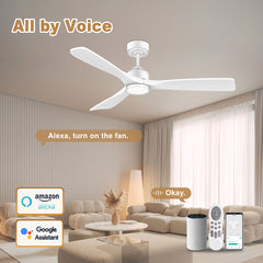 52 in. Wood Smart Outdoor/Indoor White Ceiling Fans with Lights Remote, Voice Control via WIFI Alexa App