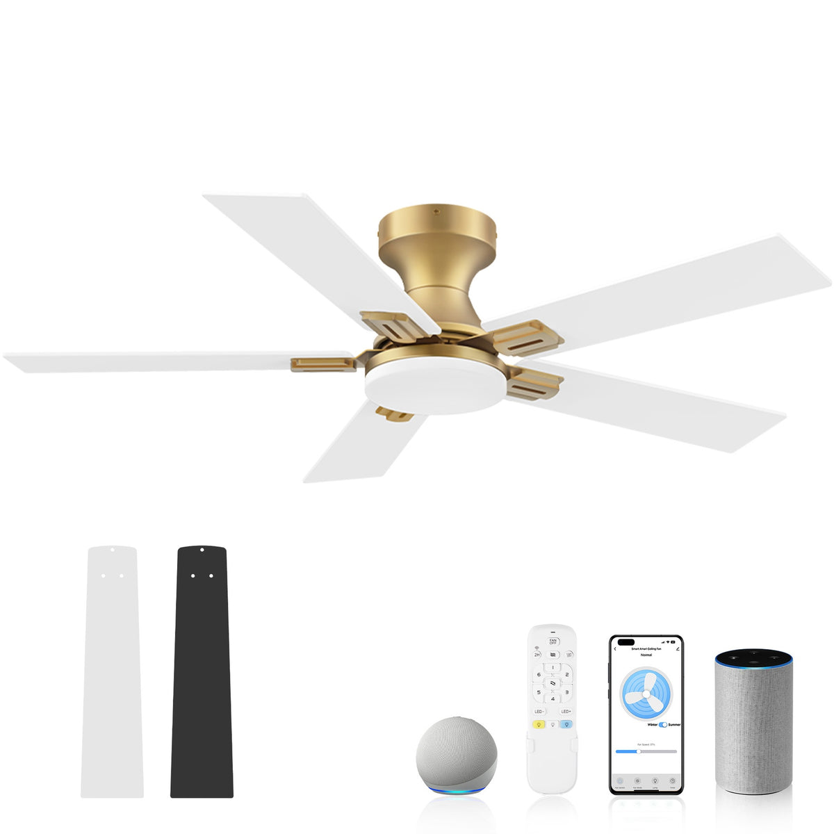 42 in.Smart Outdoor Indoor Gold White Flush Mount Ceiling Fan with LED Lights, Remote, Voice Control Via Alexa, Dimmable
