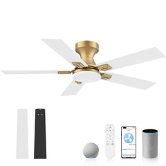42 in.Smart Outdoor Indoor Gold White Flush Mount Ceiling Fan with LED Lights, Remote, Voice Control Via Alexa, Dimmable