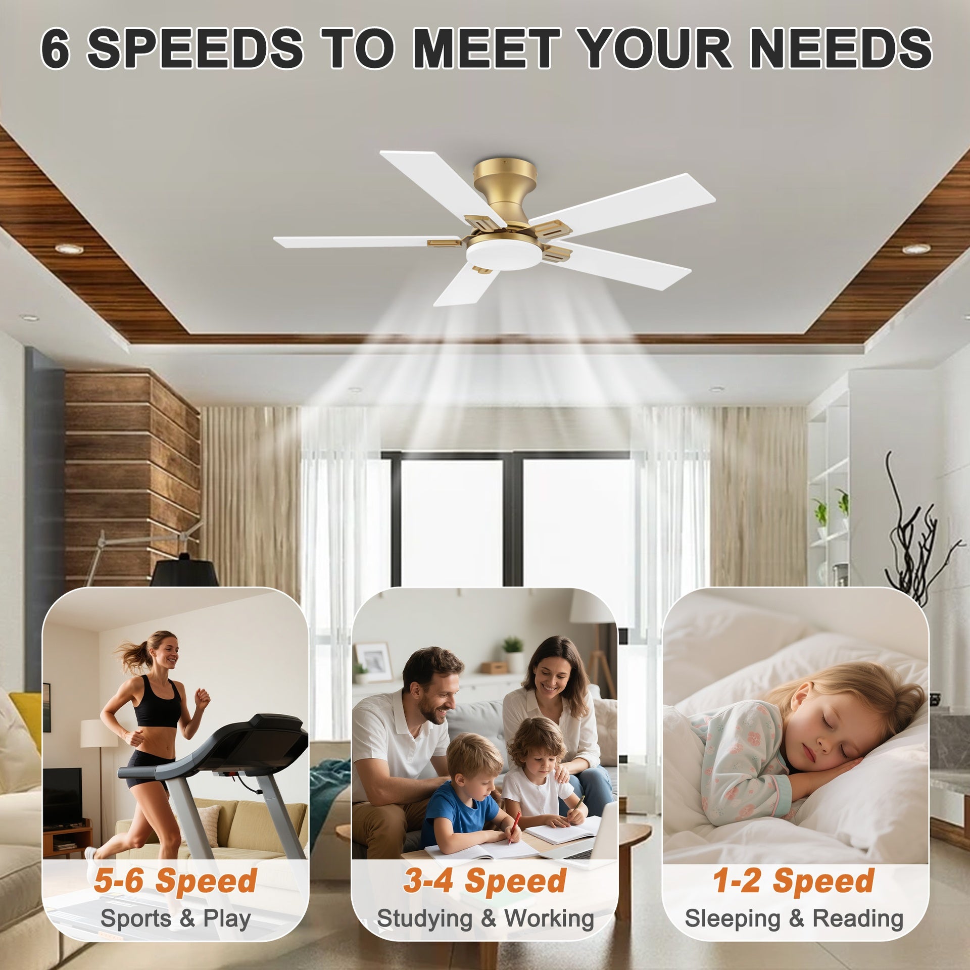 42 in.Smart Outdoor Indoor Gold White Flush Mount Ceiling Fan with LED Lights, Remote, Voice Control Via Alexa, Dimmable