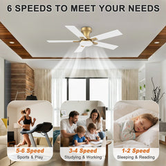 42 in.Smart Outdoor Indoor Gold White Flush Mount Ceiling Fan with LED Lights, Remote, Voice Control Via Alexa, Dimmable