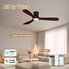 52 in. Smart Outdoor Indoor Black Flush Mount Ceiling Fans with Lights Remote, WIFI Alexa App workable, Quiet DC Motor