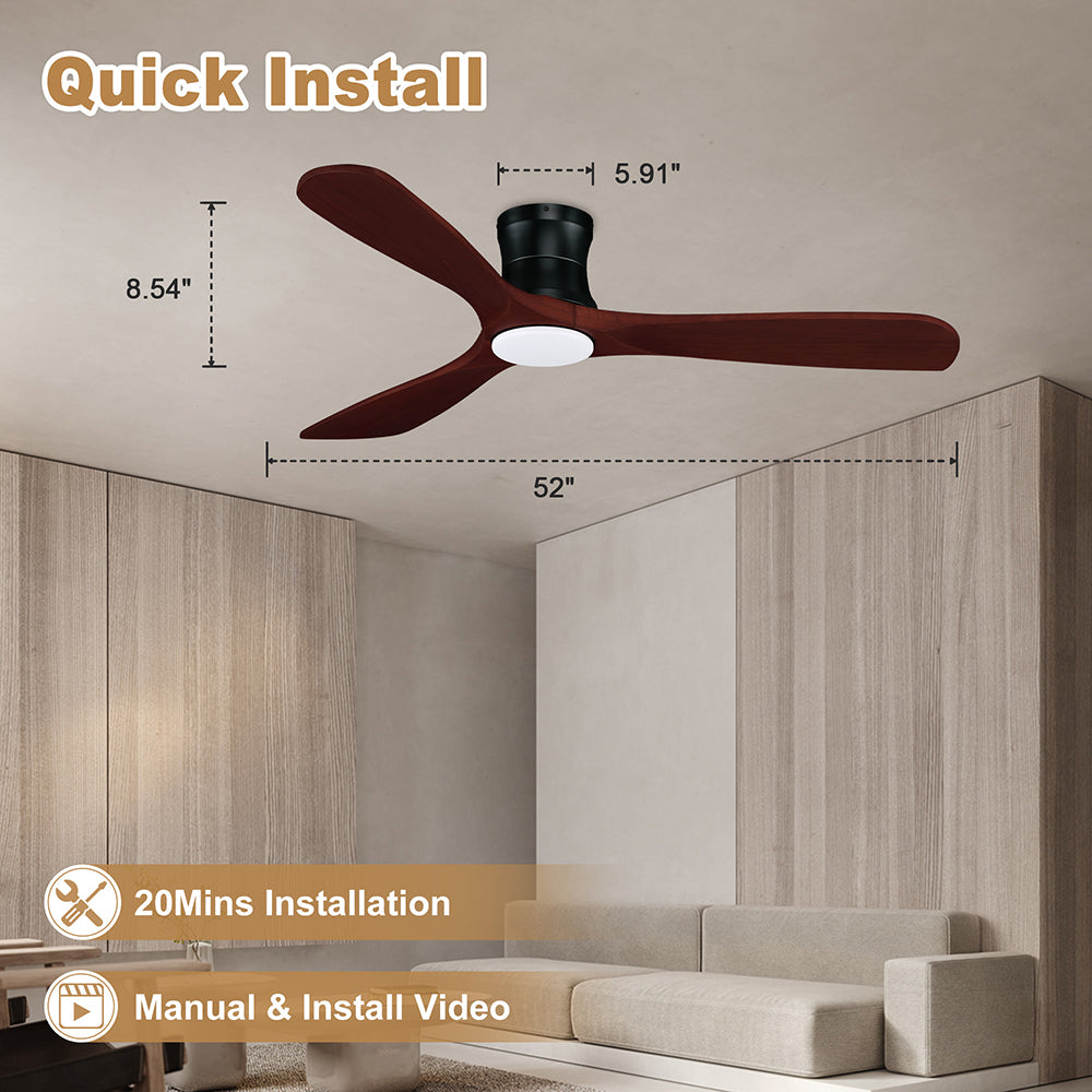 52 in. Smart Outdoor Indoor Black Flush Mount Ceiling Fans with Lights Remote, WIFI Alexa App workable, Quiet DC Motor