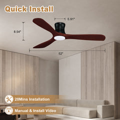 52 in. Smart Outdoor Indoor Black Flush Mount Ceiling Fans with Lights Remote, WIFI Alexa App workable, Quiet DC Motor