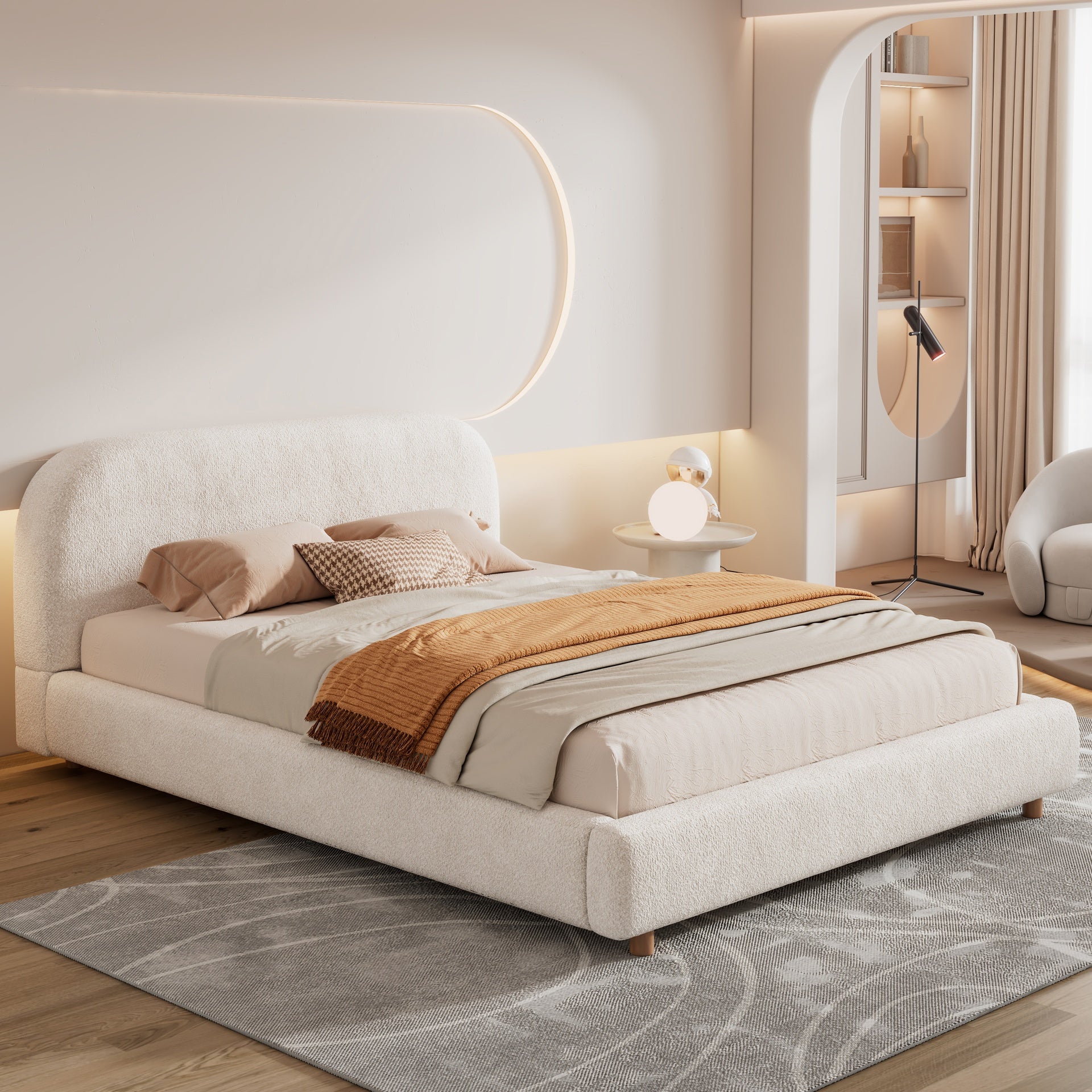 Queen Size Platform Bed with Boucle Fabric, Boucle Fabric Upholstered Platform Bed with Curve-Shaped Design Headboard, White, Easy Assembly