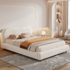 Queen Size Platform Bed with Boucle Fabric, Boucle Fabric Upholstered Platform Bed with Curve-Shaped Design Headboard, White, Easy Assembly