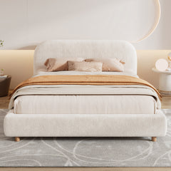 Queen Size Platform Bed with Boucle Fabric, Boucle Fabric Upholstered Platform Bed with Curve-Shaped Design Headboard, White, Easy Assembly