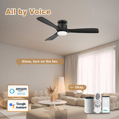 52 in. Smart Outdoor/Indoor Light Wood Flush Mount Ceiling Fans With Lights Remote, Voice Control via WIFI Alexa App