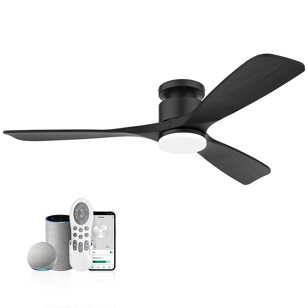 52 in. Smart Outdoor/Indoor Light Wood Flush Mount Ceiling Fans With Lights Remote, Voice Control via WIFI Alexa App