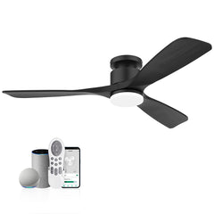 52 in. Smart Outdoor/Indoor Light Wood Flush Mount Ceiling Fans With Lights Remote, Voice Control via WIFI Alexa App