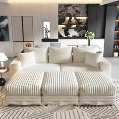 82.7 "Plush Corduroy 3-Seat Sofa,Modern Comfy Upholstered Sofa Cloud Couch,Deep Seat Couches with Soft Pillows and 3 Ottomans,Convertible Sofa Lounge Chair,for Living Room,Apartment,Office,Beige/White