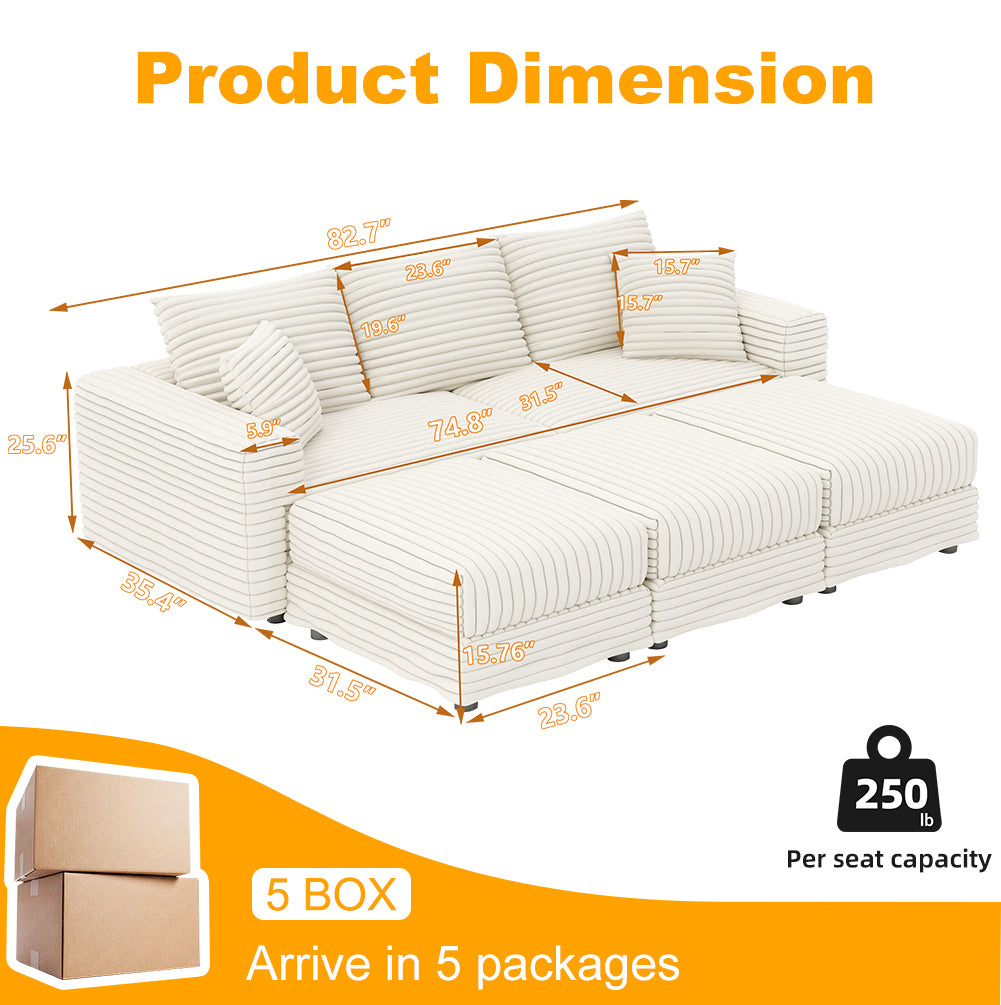 82.7 "Plush Corduroy 3-Seat Sofa,Modern Comfy Upholstered Sofa Cloud Couch,Deep Seat Couches with Soft Pillows and 3 Ottomans,Convertible Sofa Lounge Chair,for Living Room,Apartment,Office,Beige/White
