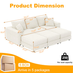 82.7 "Plush Corduroy 3-Seat Sofa,Modern Comfy Upholstered Sofa Cloud Couch,Deep Seat Couches with Soft Pillows and 3 Ottomans,Convertible Sofa Lounge Chair,for Living Room,Apartment,Office,Beige/White
