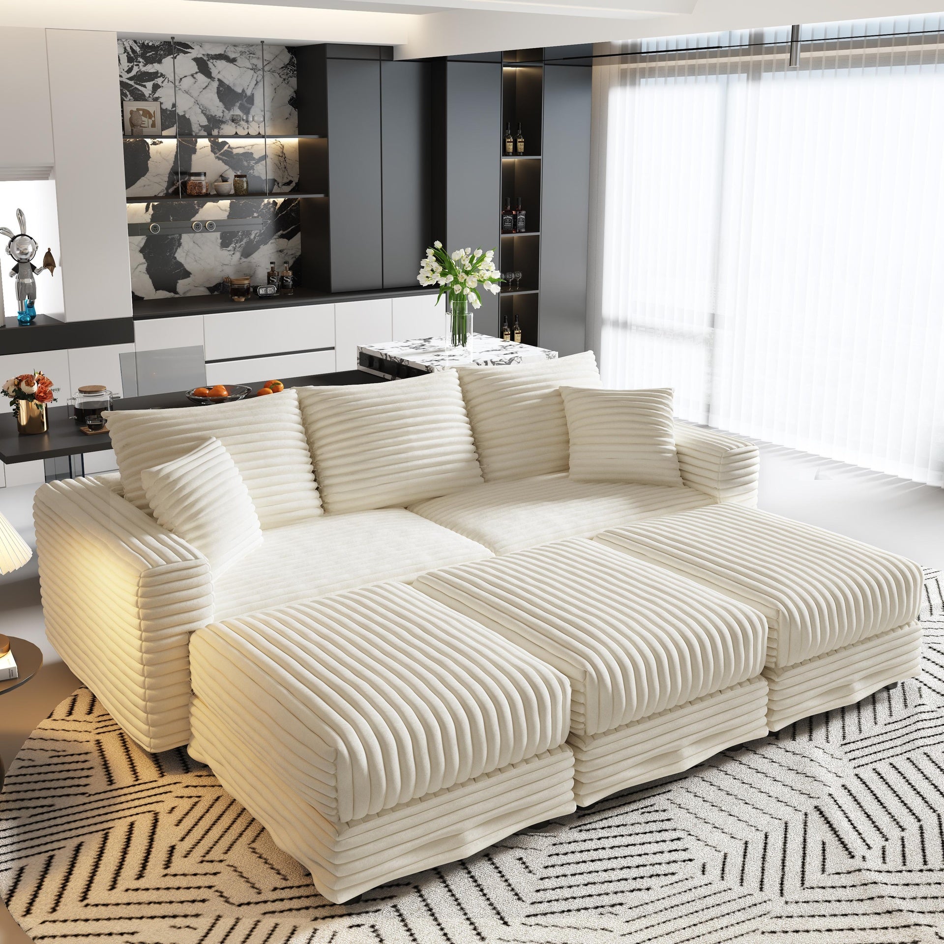 82.7 "Plush Corduroy 3-Seat Sofa,Modern Comfy Upholstered Sofa Cloud Couch,Deep Seat Couches with Soft Pillows and 3 Ottomans,Convertible Sofa Lounge Chair,for Living Room,Apartment,Office,Beige/White
