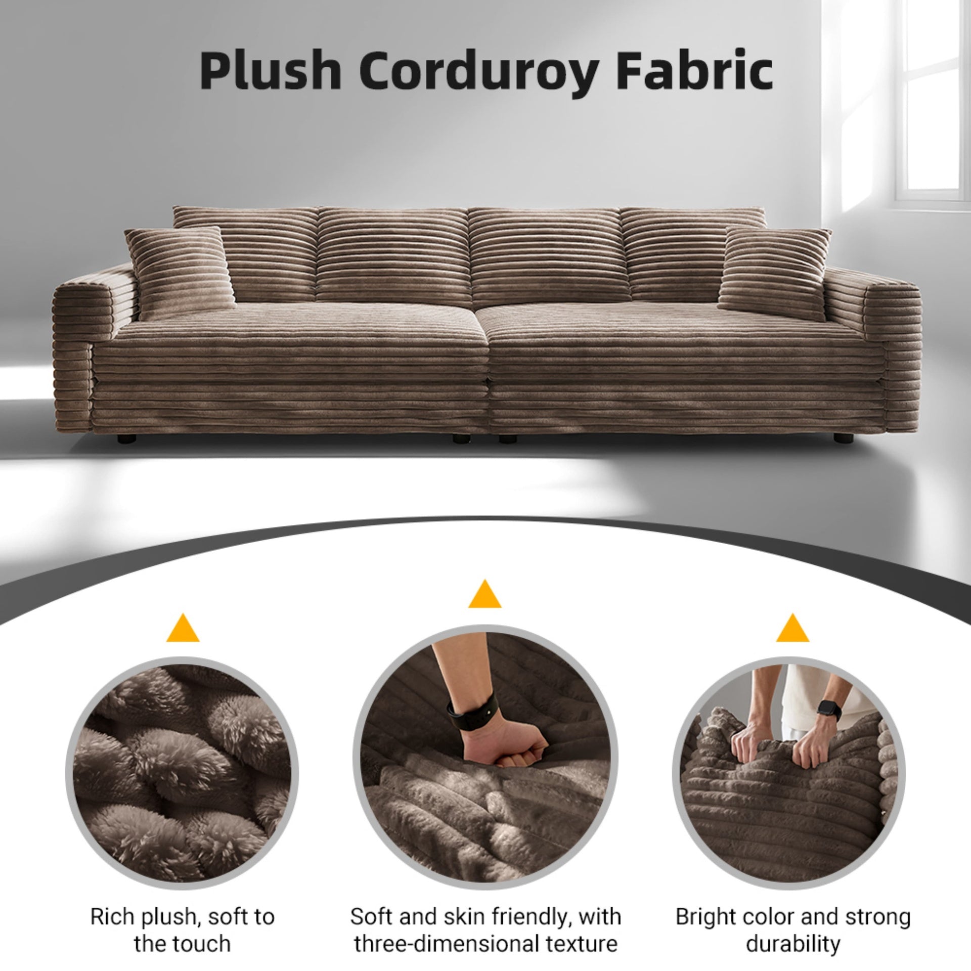 102.4 " Plush Corduroy 4-Seat Sofa,Modern Comfy Upholstered Sofa Cloud Couch,Deep Seat Couches with Soft Pillows,Convertible Deep Seat Sofa Lounge Chair for Living Room Bedroom,Apartment,Office,Camel