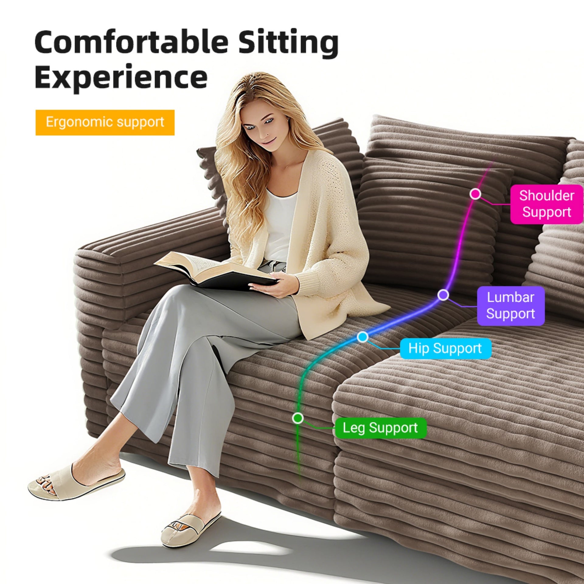 102.4 " Plush Corduroy 4-Seat Sofa,Modern Comfy Upholstered Sofa Cloud Couch,Deep Seat Couches with Soft Pillows,Convertible Deep Seat Sofa Lounge Chair for Living Room Bedroom,Apartment,Office,Camel