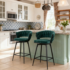 Two rotating bar stools with breathable cotton and linen soft cushions, in a retro green seat and black spray-painted iron frame, suitable for both restaurants and bars