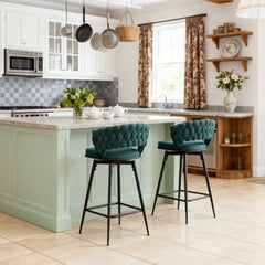 Two rotating bar stools with breathable cotton and linen soft cushions, in a retro green seat and black spray-painted iron frame, suitable for both restaurants and bars
