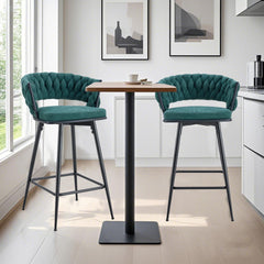 Two rotating bar stools with breathable cotton and linen soft cushions, in a retro green seat and black spray-painted iron frame, suitable for both restaurants and bars