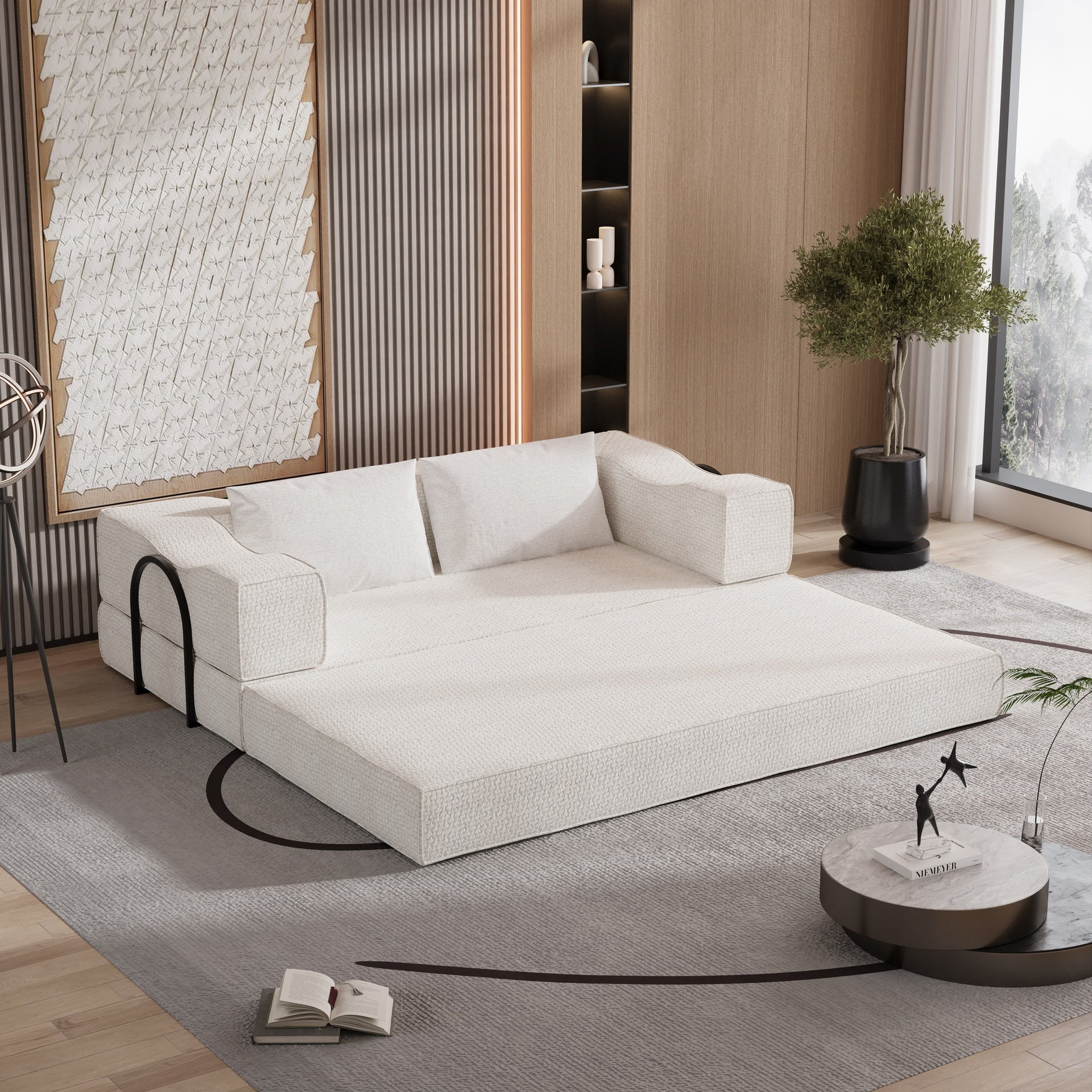 80" Convertible Couch Bed with 2 Pillows, 3-Seat Folding Floor Couch & King Size Bed Mattress, DIY Combination,Chenille,BEIGE/WHITE