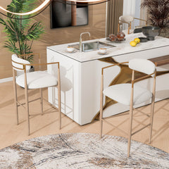 Barstools Set of 2, Upholstered Bar Stools with Back for Kitchen Island, Beige Fabric Seating Natural Wood Iron Legs 260LBS Weight Capacity