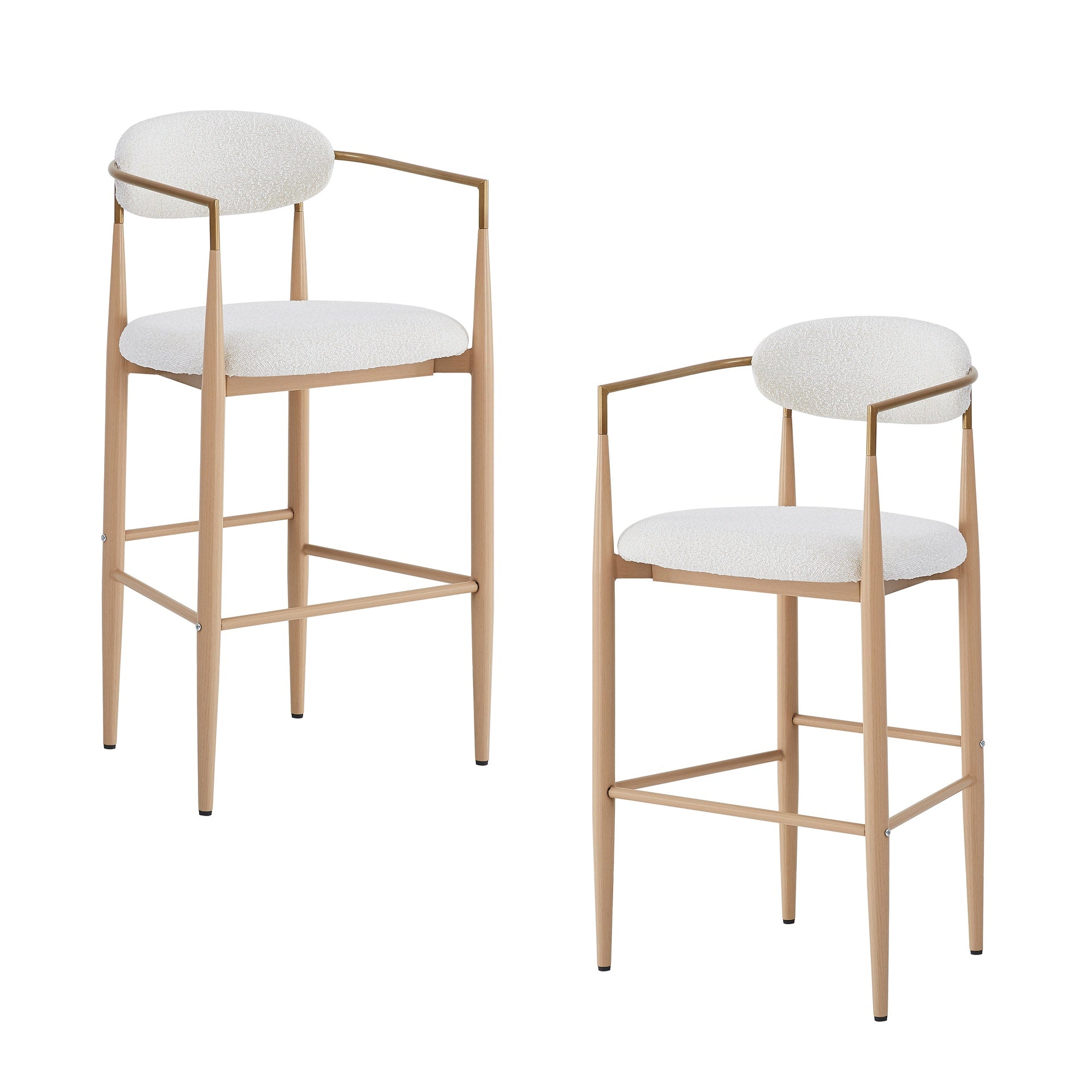 Barstools Set of 2, Upholstered Bar Stools with Back for Kitchen Island, Beige Fabric Seating Natural Wood Iron Legs 260LBS Weight Capacity