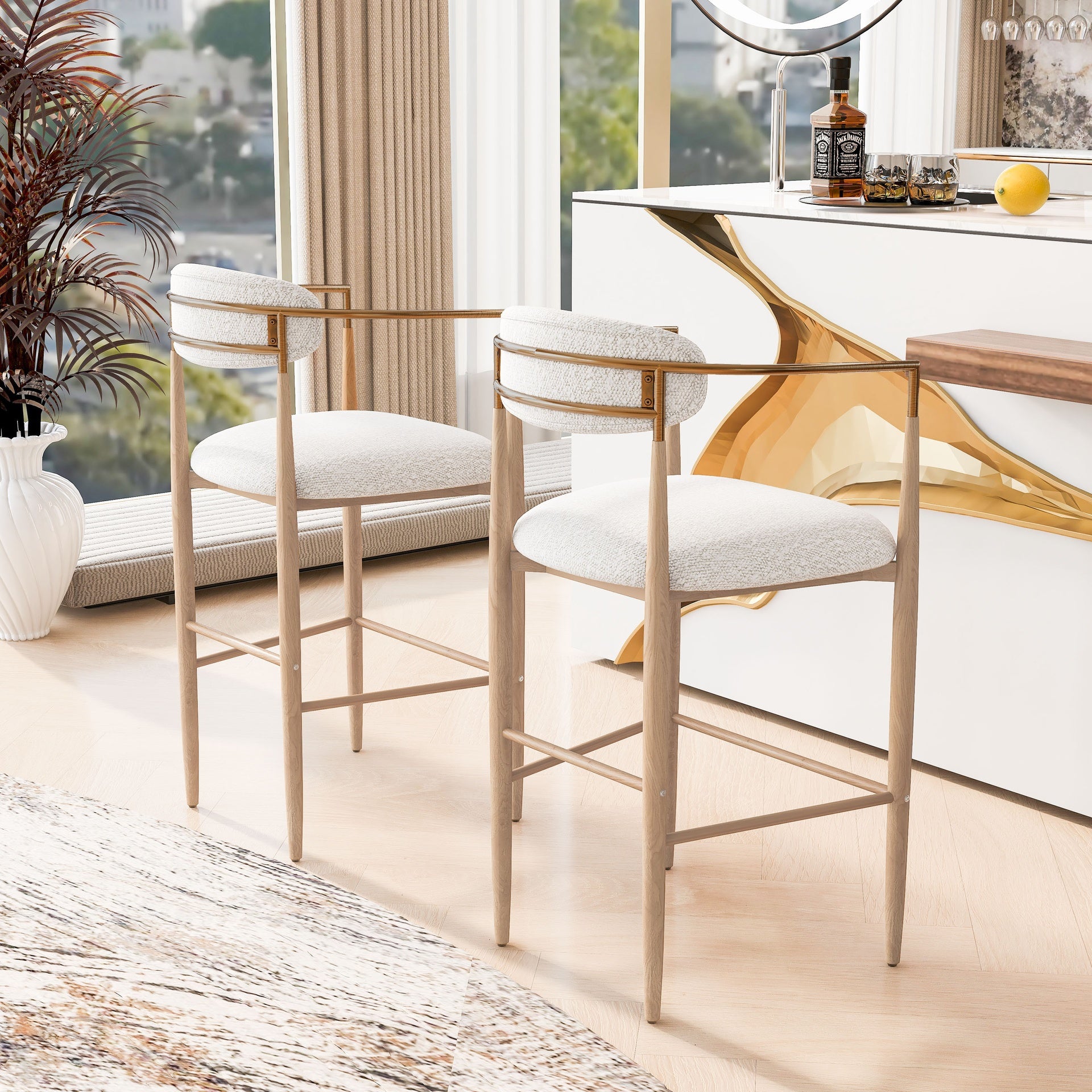 Barstools Set of 2, Upholstered Bar Stools with Back for Kitchen Island, Beige Fabric Seating Natural Wood Iron Legs 260LBS Weight Capacity